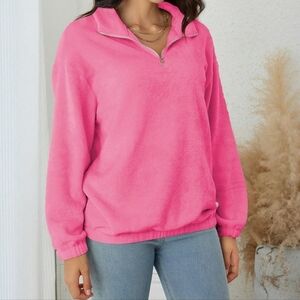 Hot Pink Fuzzy Fleece Quarter-Zip Oversized Pullover Sweatshirt - Size Small